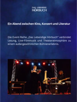Plakat mit Text über eine Event-Reihe und einem Foto einer Bühne mit Musikern und einer Person, die spricht oder liest.