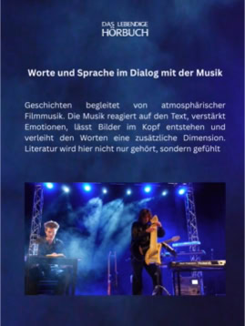 Ein Plakat mit dem Titel "Worte und Sprache im Dialog mit der Musik", darunter ein Textabschnitt und ein Bild von einem Sprecher und einem Musiker auf einer Bühne mit blauer Beleuchtung.