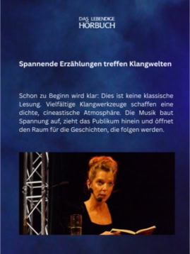 Eine Frau spricht in ein Mikrofon auf einer Bühne, daneben ein Text über ein Hörbuch.